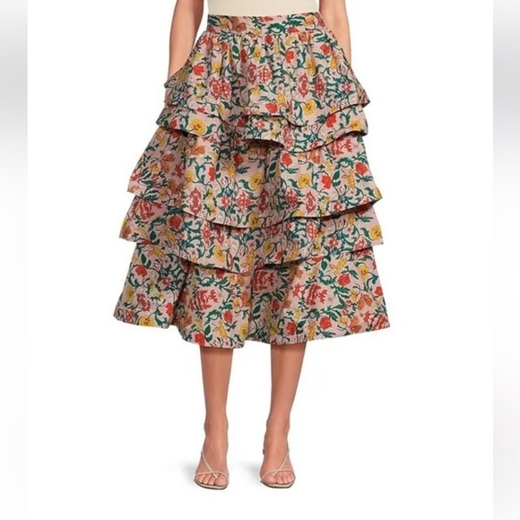 Buru Teagan Floral Print Tiered Ruffle Midi Pocketed A-Line Skirt and Top Set XS - Picture 6 of 16